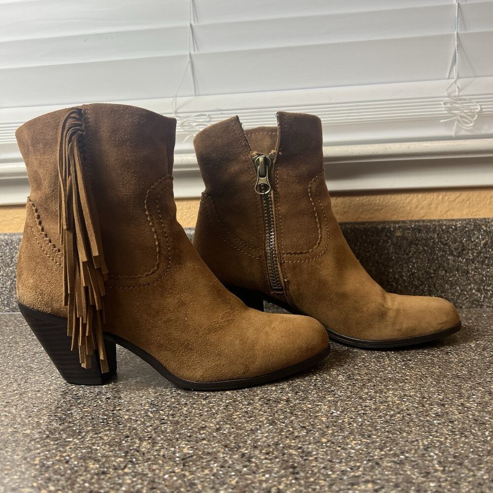 Sam Edelman Brown Suede Ankle Boots Heeled Womens 7.5M Comfort Casual Fringe Zip